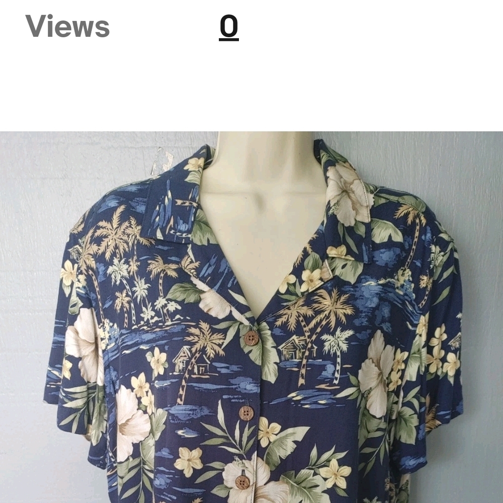 La Cabana Hawaiian Navy Floral Button Down Shirt Womens Size PXL